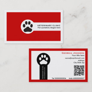 Cartão De Visita Pata e código QR vermelho Clínica Veterinária/Vet