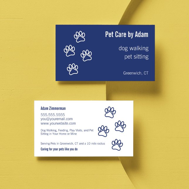 Cartão De Visita Pata Imprime Cachorro Caminhante Pet Sitter Escuro (Pet Care Dog Walker Dog Sitter  Paw Print Business Card in Dark Blue)