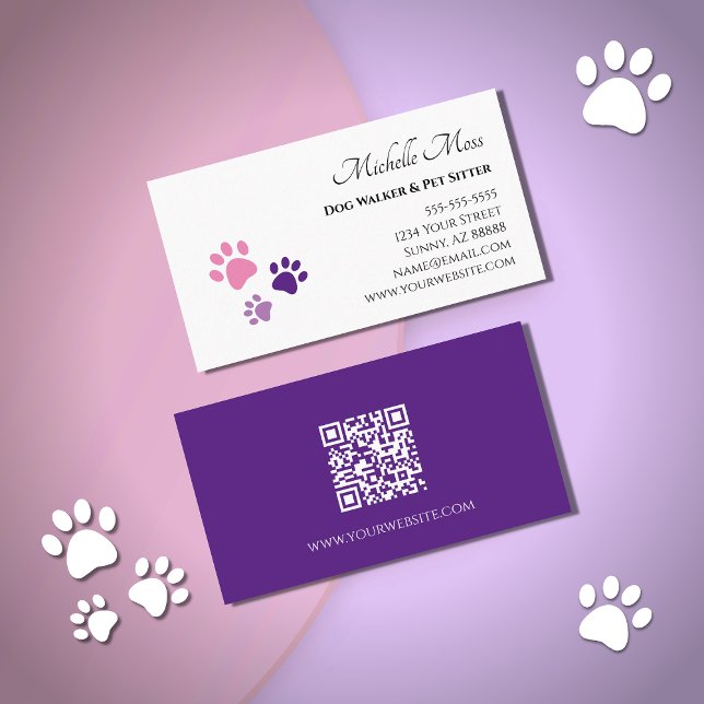 Cartão De Visita Pata Imprime o código QR Pet Sitter roxo rosa (Criador carregado)