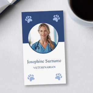 Cartão De Visita Patas Azuis e Foto Personalizada Clínica Veterinár
