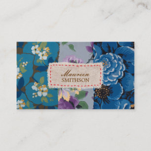 Cartão De Visita Patchwork de Tecido Floral (Azul) Personalizada