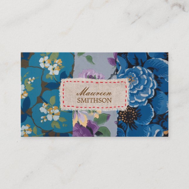 Cartão De Visita Patchwork de Tecido Floral (Azul) Personalizada (Frente)