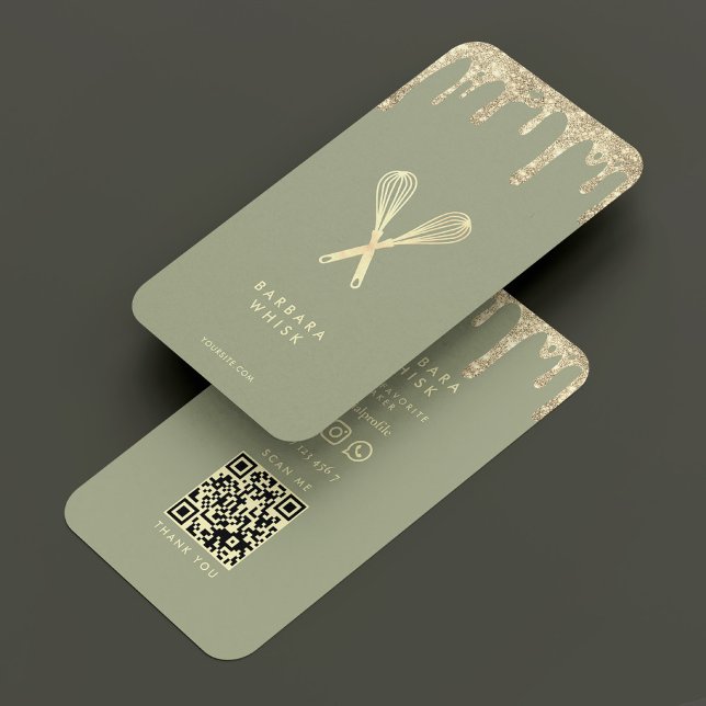 Cartão De Visita Patisserie, Dourada Sage, Patisserie (Modern Bakery Patisserie Sage Gold Whisk Drip Business Card
)