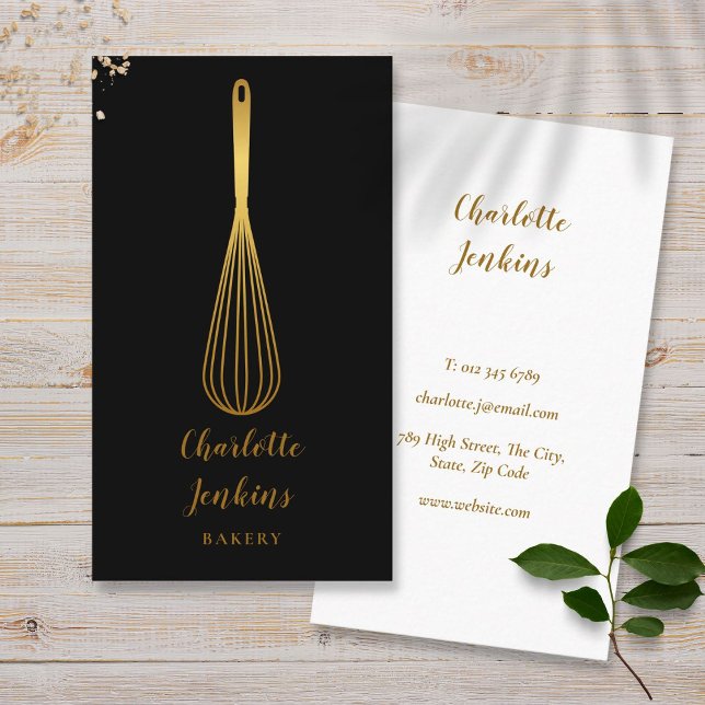 Cartão De Visita Patisserie Preto-Dourado Simples (Simple Whisk Bakery Patisserie Black Gold Business Card)