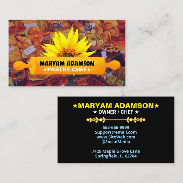 Cartão De Visita Patisserie Rolling Pin Baker | Floral Bakery (Frente/Verso)