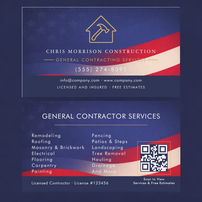 Cartão De Visita Patriotic General Contractor QR Code (Criador carregado)