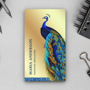 Cartão De Visita Pavão Azul-Índio-azul-folha-de-ouro-chic