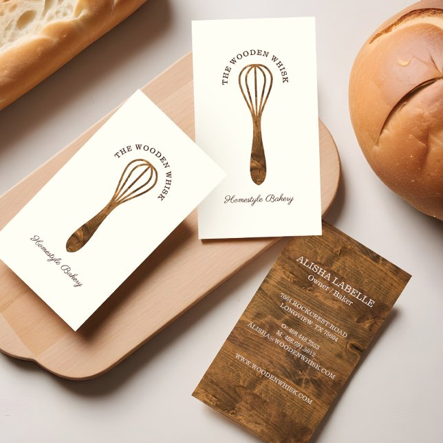 Cartão De Visita Pavimento de Pau Natural Madeira Whisk (Natural Woodgrain Wooden Whisk Bakery Business Card)