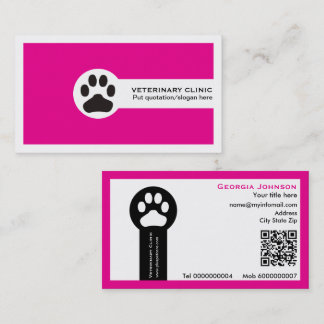 Cartão De Visita Paw and QR code hot pink Vet/Veterinary Clinic