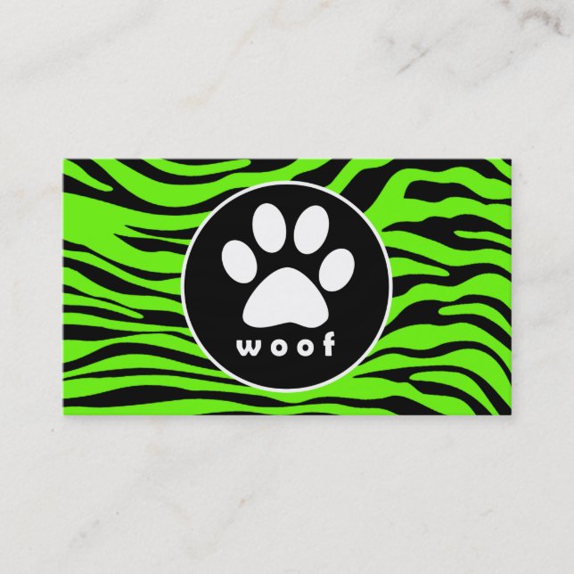 Cartão De Visita Paw Print em Bright Neon Green Zebra Strips (Frente)