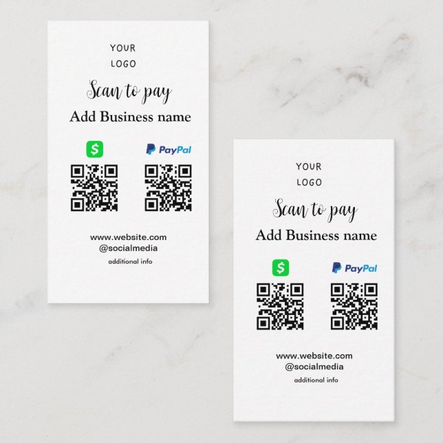 Cartão De Visita Paypal Cashapp digitalizar para pagar QR adicionar (Frente/Verso)