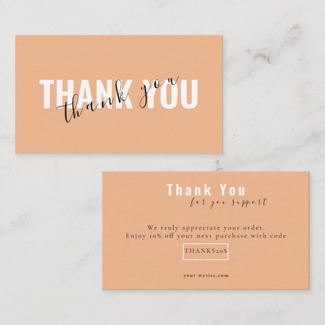 Cartão De Visita Peach Bold Script Thank You Card Discount Business (Frente/Verso)