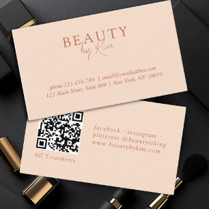 Cartão De Visita Peach, Elegante Mínimo, Código QR de Salão