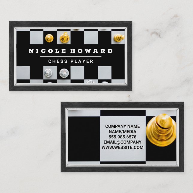Cartão De Visita Peças de Xadrez de Prata Douradas (Frente/Verso)