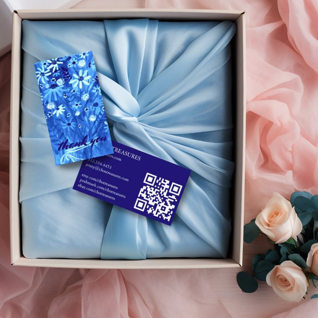 Cartão De Visita PEDIDO OBRIGADO A VOCÊ CÓDIGO QR do Buquê de marga (Watercolor daisy bouquet thank you business cards with custom QR codes)