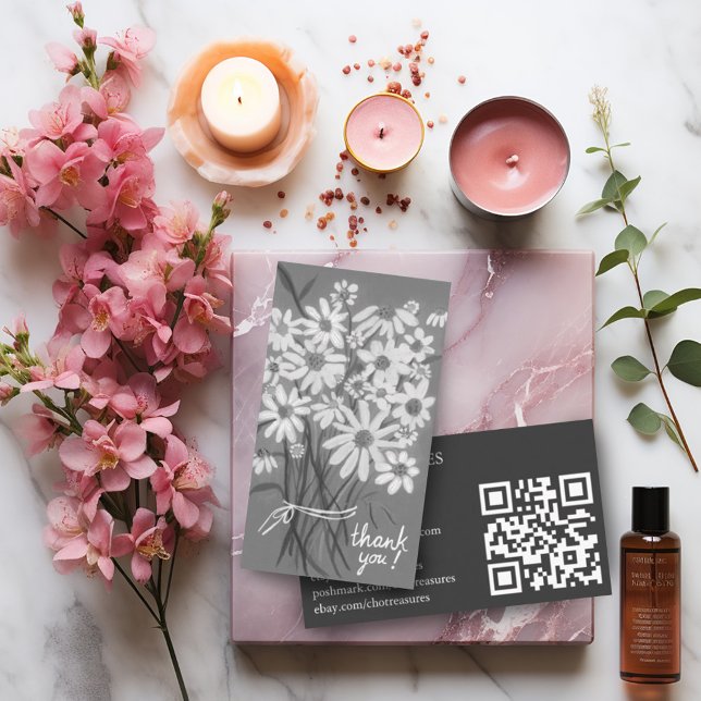 Cartão De Visita PEDIDO OBRIGADO Buquê de margarida de corte Código (Custom thank you order card with watercolor daisy bouquet and QR code)