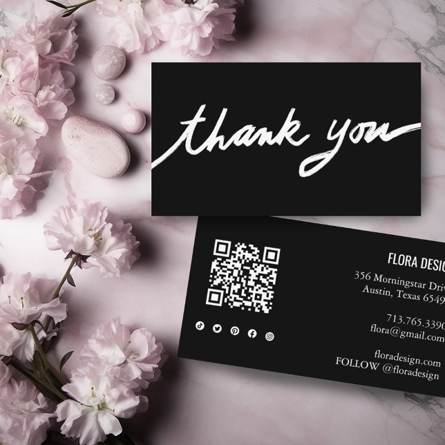 Cartão De Visita Pedido Obrigado Script Personalizado Ícones Sociai (Custom thank you for your order business card with social icons and QR code)