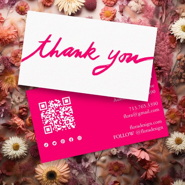 Cartão De Visita Pedido Obrigado Script Personalizado Ícones Sociai (Custom order thank you card with QR code and social media icons. Add your own details. Hot pink!)