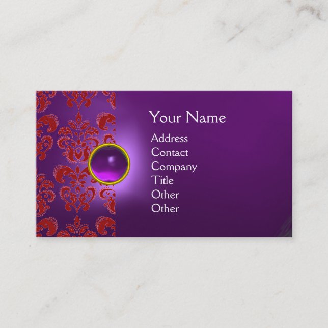 Cartão De Visita PEDRA CHIC DAMASK MONOGRAMA roxo vermelho (Frente)