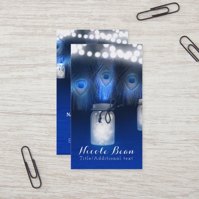 Cartão De Visita Penas de Peacock, Mason Jar & String Lights Russo (Frente/Verso In Situ)