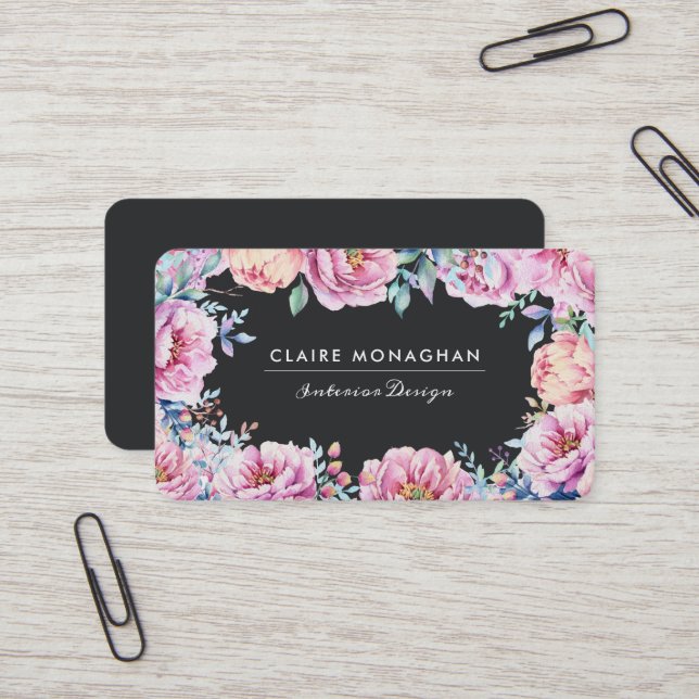 Cartão De Visita Peônias cor-de-rosa | Escuro (Frente/Verso In Situ)