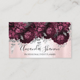 Cartão De Visita Peony Flowers Logotipo Prata Rosa Planejador de Ev
