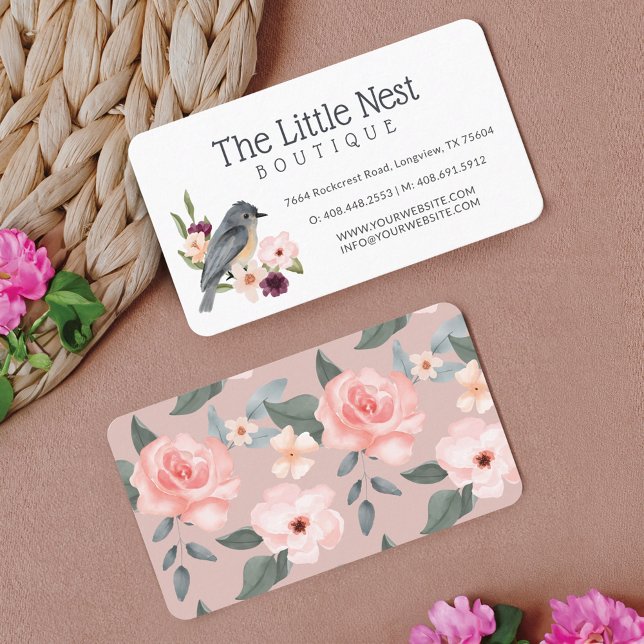 Cartão De Visita Pequeno Cachorro Aquático Pássaro Bebê e Ramificaç (Cute Little Watercolor Baby Bird & Floral Branch Business Card)