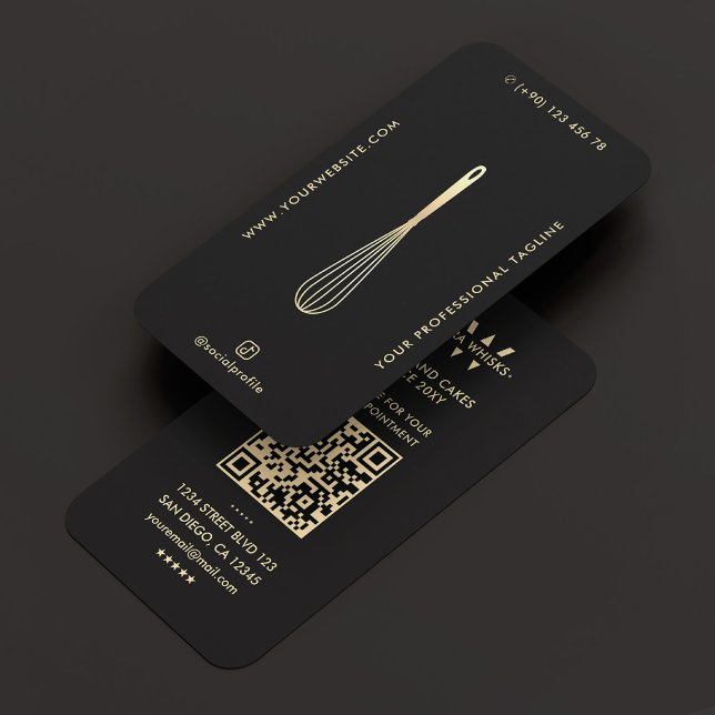 Cartão De Visita Pequeno pano moderno de cozinha preto, branco Dour (Minimal Modern Baker Caterer Black Gold Whisk Business Card
)