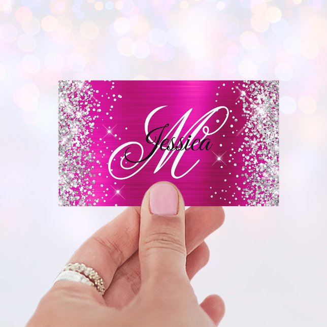 Cartão De Visita Perfil do Monograma da Folha Rosa Quente da Silver (Faux Glittery Monogram Business Cards)