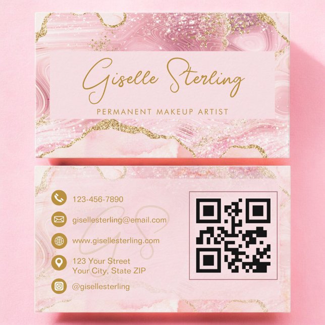 Cartão De Visita Permanent Makeup Artist Blush Pink Agate QR Code (Criador carregado)