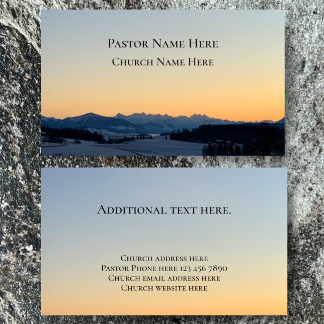 Cartão De Visita Personalizado da Igreja Cristã de Texto Personaliz (Unique original Swiss mountain sunset photograph pastor church business calling card templates
)