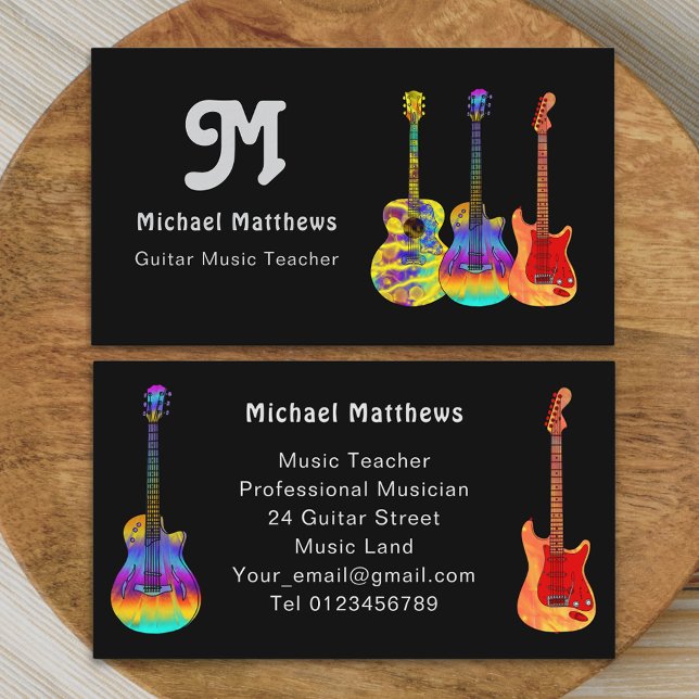 Cartão De Visita Personalizado de Professor de Música de Violão Ret (Modern retro guitar music teacher professional musician Business card funky art guitars groovy text)