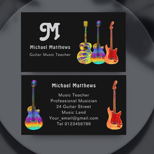 Cartão De Visita Personalizado de Professor de Música de Violão Ret (Retro guitar music teacher custom photo custom business card with psychedelic guitars)