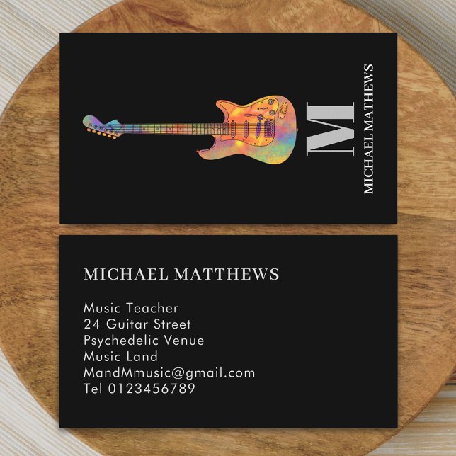 Cartão De Visita Personalizado de Professora de Violão (Guitar teacher professional musician simple Business card Colorful electric guitar art sleek black)