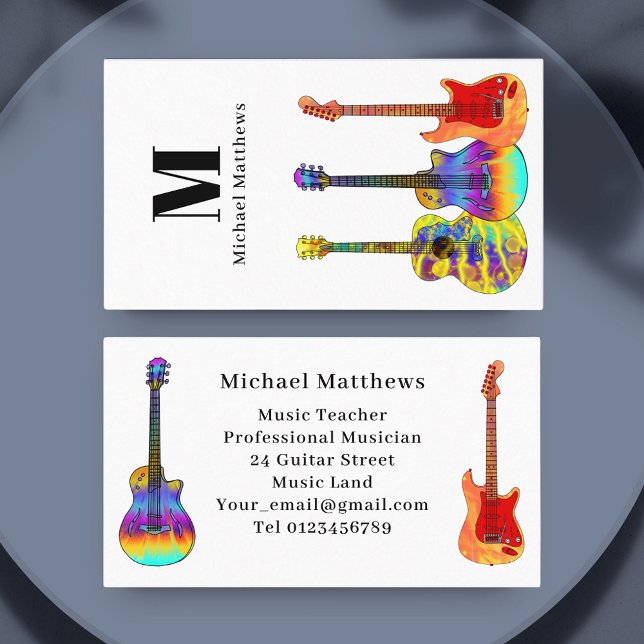 Cartão De Visita Personalizado do Monograma do Professor de Música  (Modern colorful guitar music teacher musician custom business card)