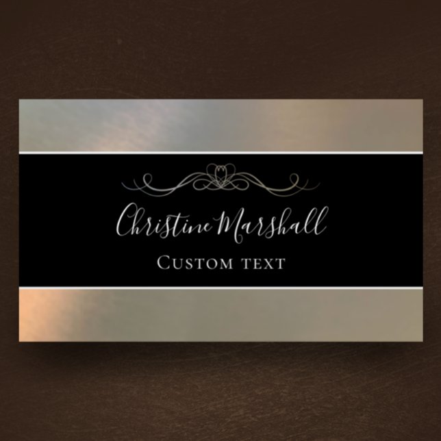 Cartão De Visita Personalizado Metálico Negro e Prata Moderno Elega (Create a classy stylish business card with this custom business card template. Black metallic. 
)