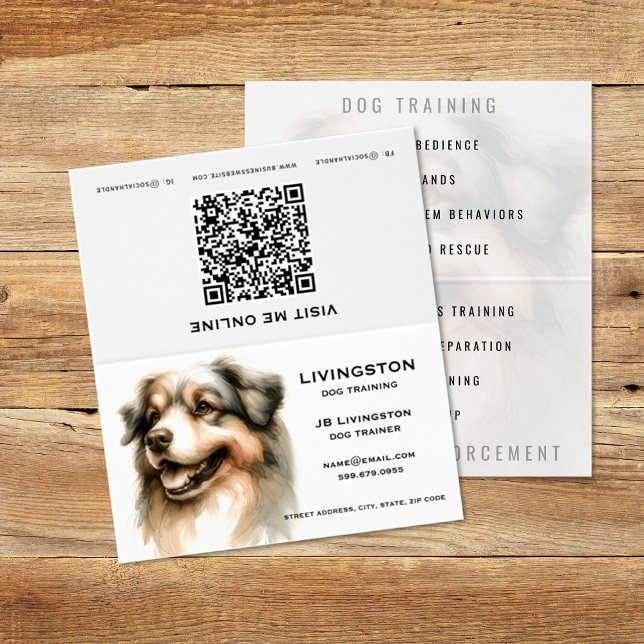 Cartão de visita personalizado para treinadores de (Dog Trainer QR Code Folded Business Card (front and back))