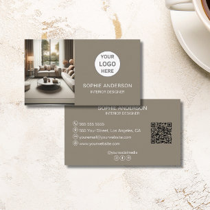Cartão De Visita Personalizar logotipo Foto QR Taupe de Mídia Socia
