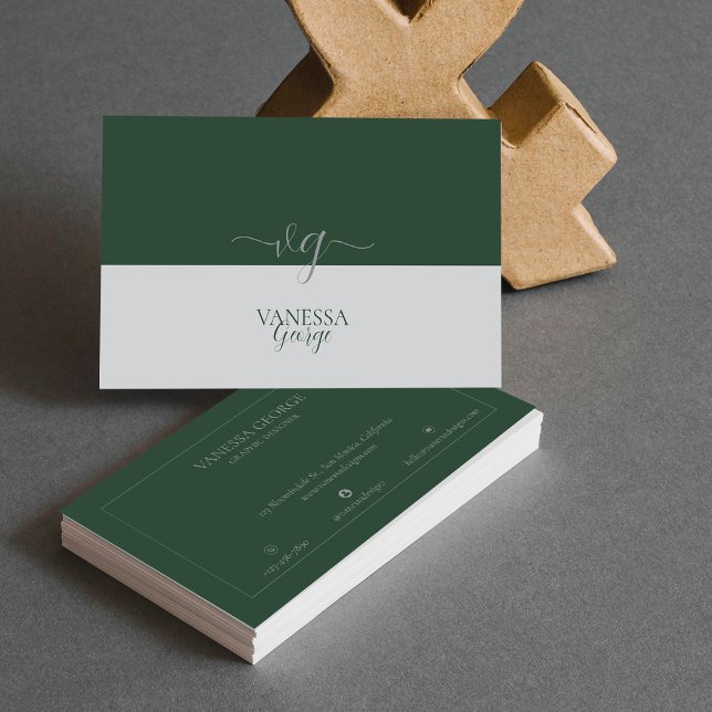 Cartão De Visita Personalizar Monograma de Cinzas Verdes Legais Mod (Modern Elegant Cute Green Grey Monogram Custom Business Card)