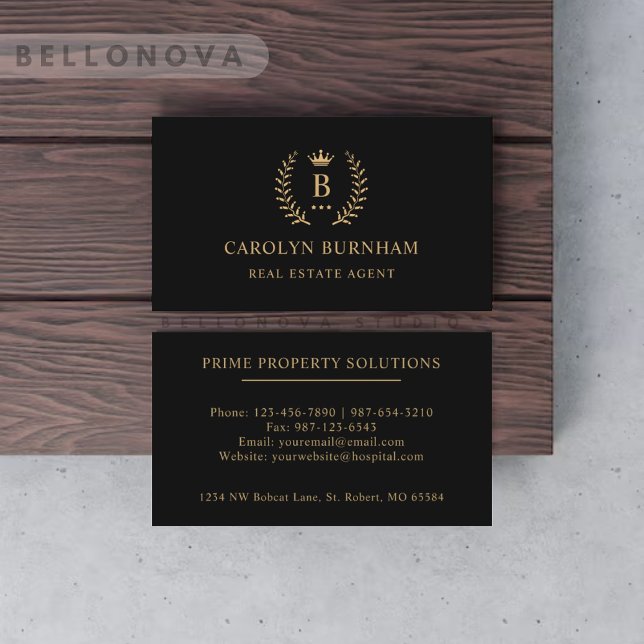 Cartão De Visita Personalizar Nome Inicial Preto E Dourado Monogram (Custom Initial & Name Black And Gold Monogrammed Business Card)