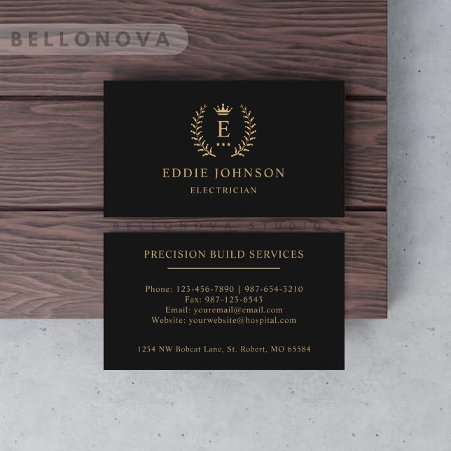 Cartão De Visita Personalizar Nome Inicial Preto E Dourado Monogram (Custom Initial & Name Black And Gold Monogrammed Business Card)
