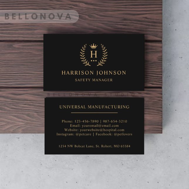 Cartão De Visita Personalizar Nome Inicial Preto E Dourado Monogram (Custom Initial & Name Black And Gold Monogrammed Business Card)