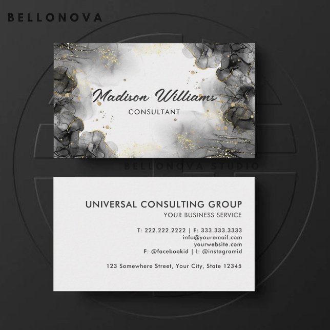 Cartão De Visita Personalizável Cinza branca Dourada preta profissi (Customizable Black Gold White Grey Professional Business Card)