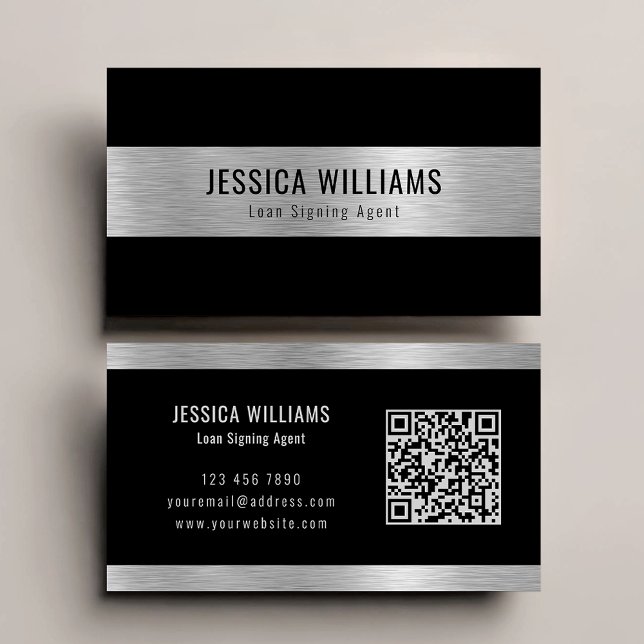 Cartão De Visita Personalized Elegant Brushed Silver Black QR Code (Criador carregado)