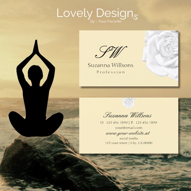 Cartão De Visita Pêssego Branco Beige em Placa Chic com Iniciais (Criador carregado)