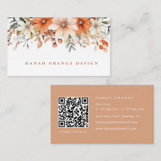 Cartão De Visita Pêssego de Outono | Código QR Floral de Aquarela p