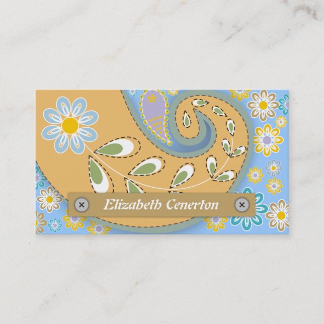 Cartão De Visita Pêssego retrô, azul paisley motif floral (Frente)