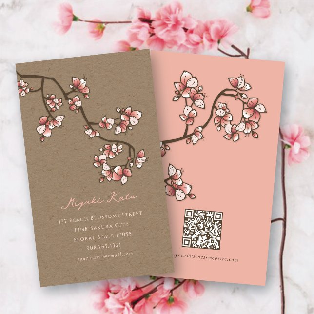 Cartão De Visita Pêssego-rosa-oriental Blossomas Elegante Sakura Kr (Oriental Pink Peach Blossoms Elegant Sakura Spring Flowers Kraft Business/Profile Card @ fat_fa_tin)