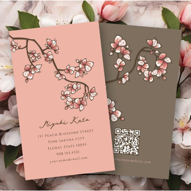 Cartão De Visita Pêssego-rosa-oriental Blossomo Chic Sakura (Oriental Pink Peach Blossoms Elegant Chic Sakura Spring Flowers Business/Profile Card @ fat_fa_tin)