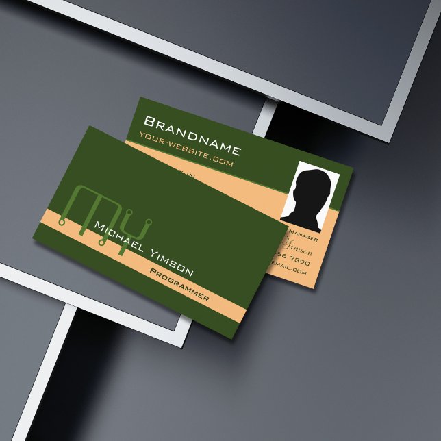 Cartão De Visita Pêssego Verde Florestal com Monograma e Clássico F (Criador carregado)